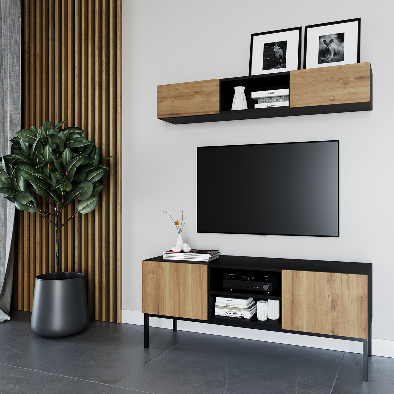 Comoda TV ELTAP, Lanzzi, 120x40x50 cm, MDF laminat, negru/stejar - imagine 5